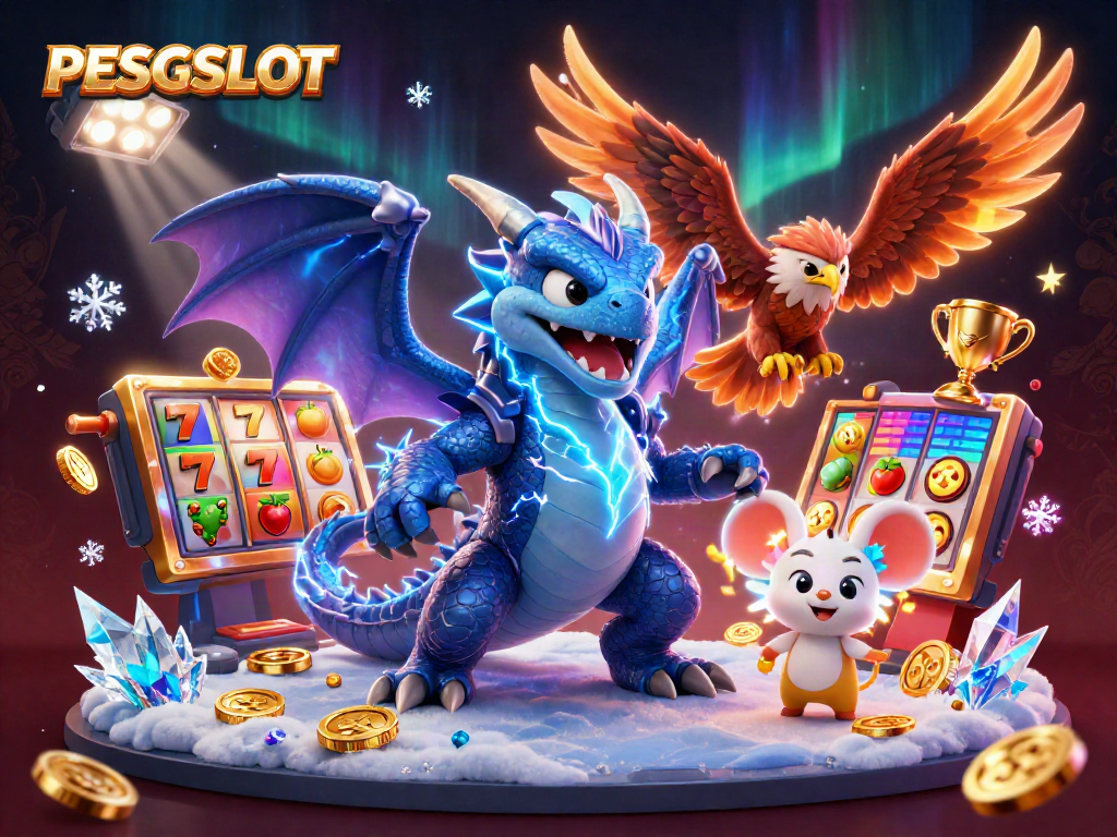 PESGSLOT menghadirkan ilustrasi 3D kartun dengan naga petir dan elemen kasino, meramaikan pengalaman bermain.