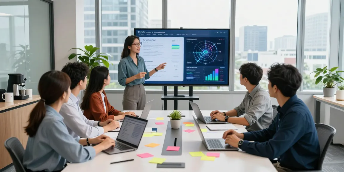 Team discussing What are the Benefits of AI strategies in a modern office setting with technology and teamwork.