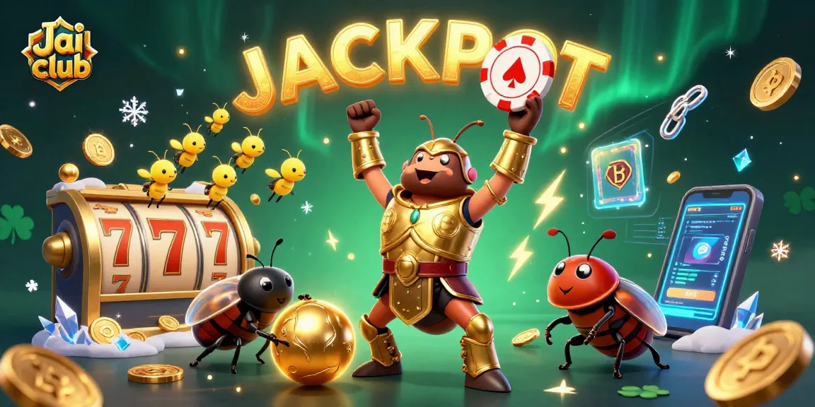 Engage with Jai club's thrilling slot games featuring a heroic beetle celebrating a jackpot win.