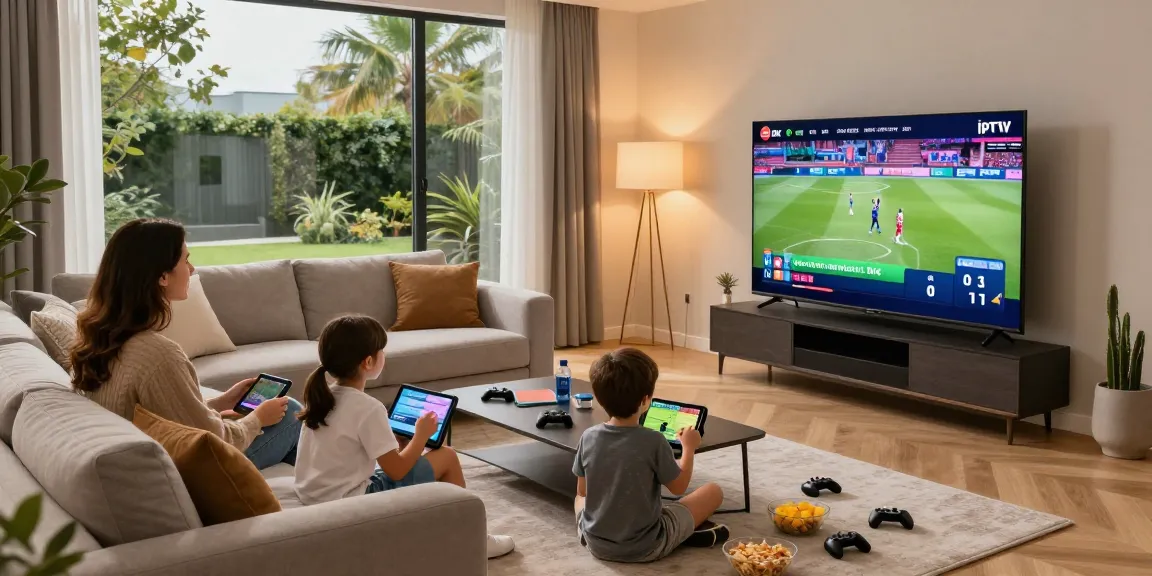 Family streaming IPTV Ireland in modern living room with 4K TV