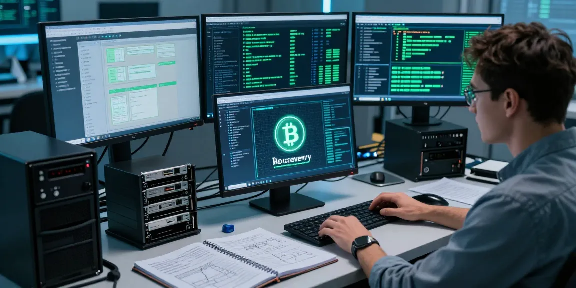 Expert examining data to recover lost crypto in a high-tech forensic lab.