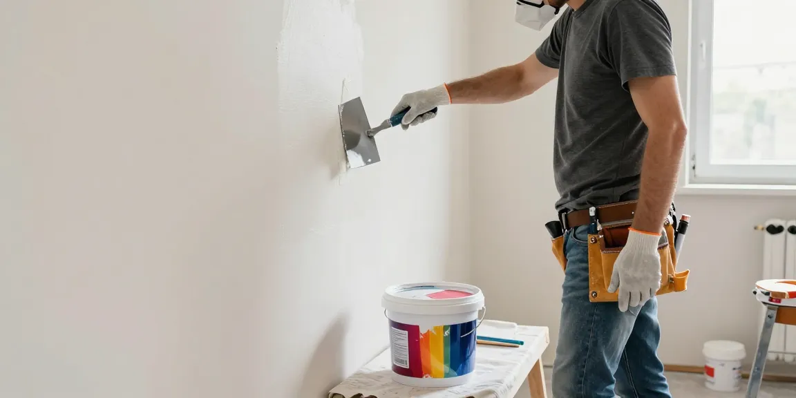 A one-pound pack of wall putty costing $3 being applied in a bright DIY home improvement scene, showcasing tools and vibrant paint.