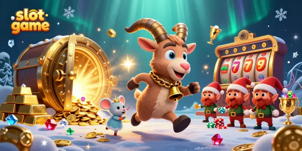 A lively scene of a slot game featuring a Krampus goat, angel mouse, and mischievous elves managing chaotic casino activities.