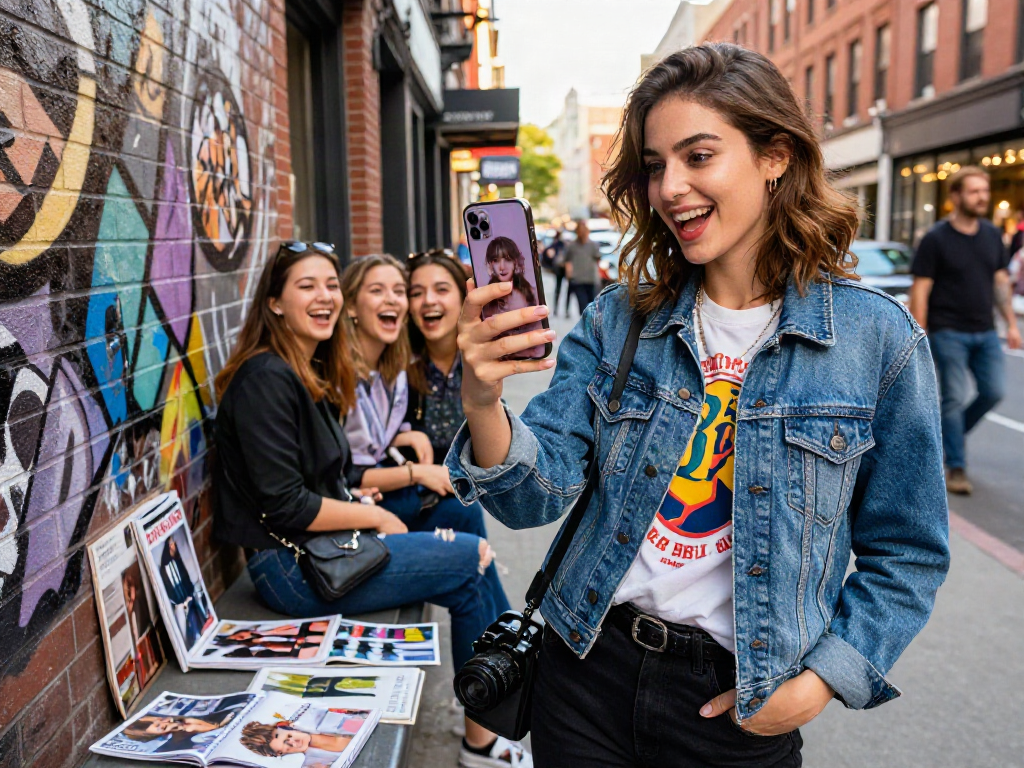 Young woman using a celebrity look-alike app in a vibrant urban setting.