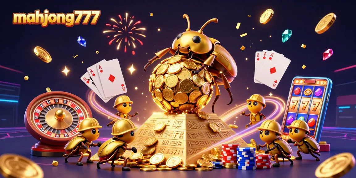 Experience the excitement of mahjong777 with dazzling casino elements including coins and vibrant gems.