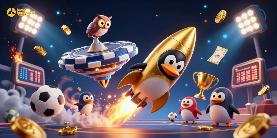 Dynamic illustration for a home improvement blog showcasing a golden penguin and casino elements.