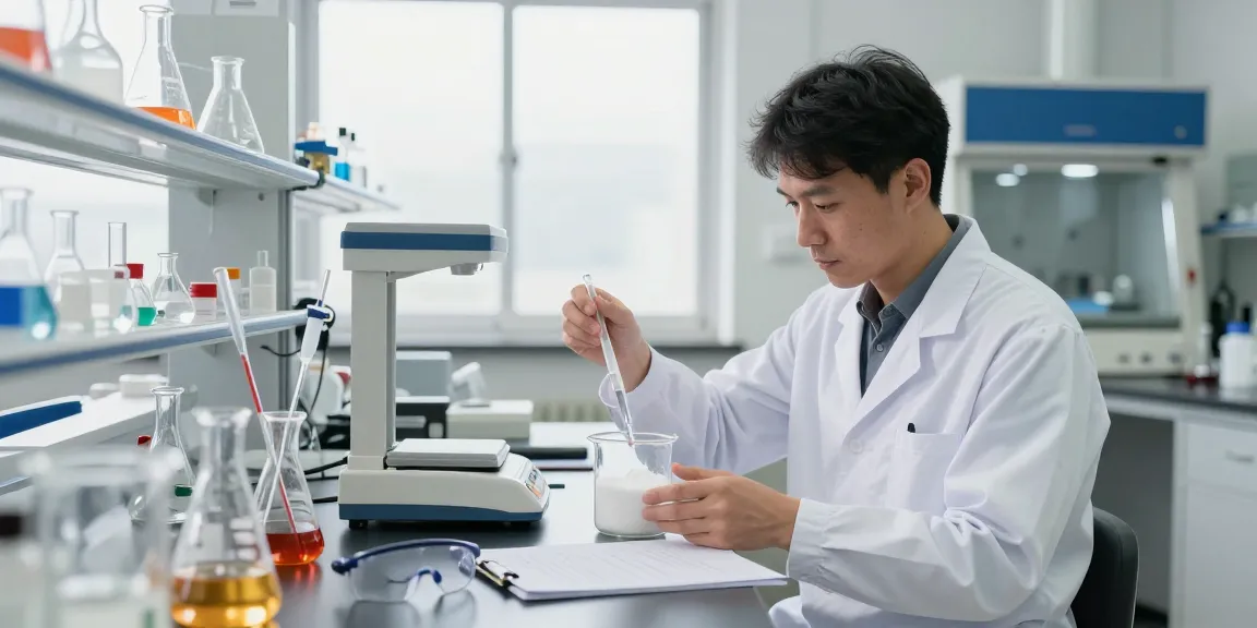 Scientist measuring 34-methylenedioxyphenyl-2-nitropropene powder in a high-quality laboratory setting.