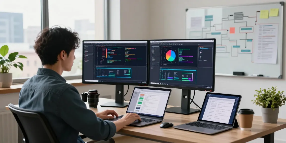 Developer actively coding at dual monitors showcasing telegramin-cn.com in a dynamic tech workspace.