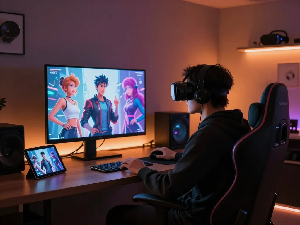 Interactive AI NSFW character chat scene showcasing vibrant avatars and modern technology in a cozy digital lounge.