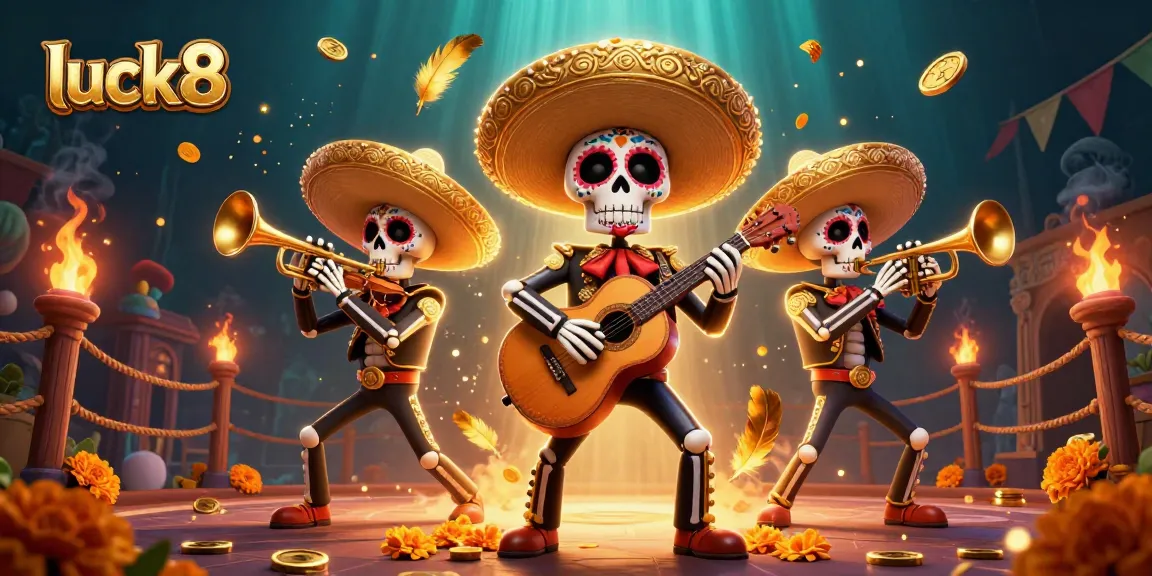 Experience the vibrant luck8 casino atmosphere with spirited mariachi skeletons amid dynamic gambling elements.