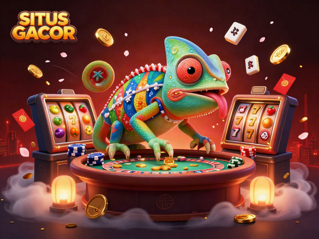 SITUS GACOR illustrates the thriving casino scene with a vibrant chameleon owner capturing golden coins, signifying exciting jackpots.