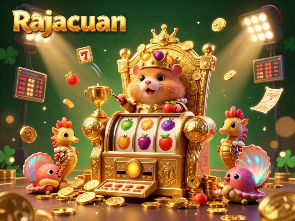 Experience winning strategies with Rajacuan in this captivating illustration of a hamster king amidst dynamic slot symbols and thrilling elements.
