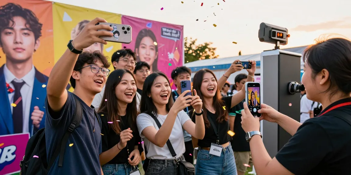 Group of friends enjoying a celebrity i look like photo booth at an outdoor event