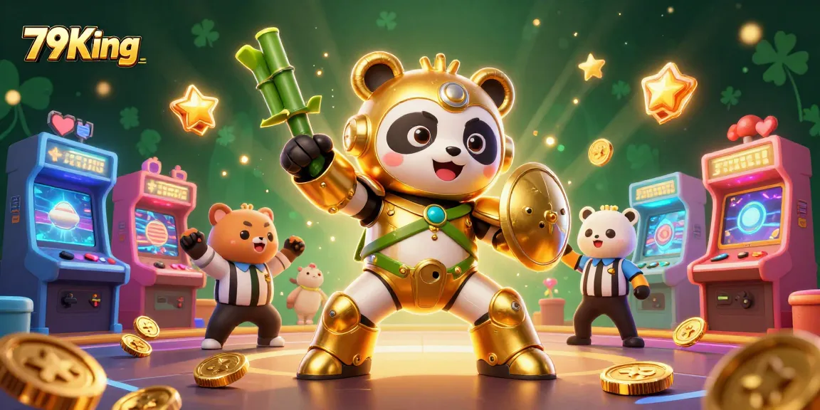 79King gaming experience with golden panda fighting robot amid vibrant casino elements.