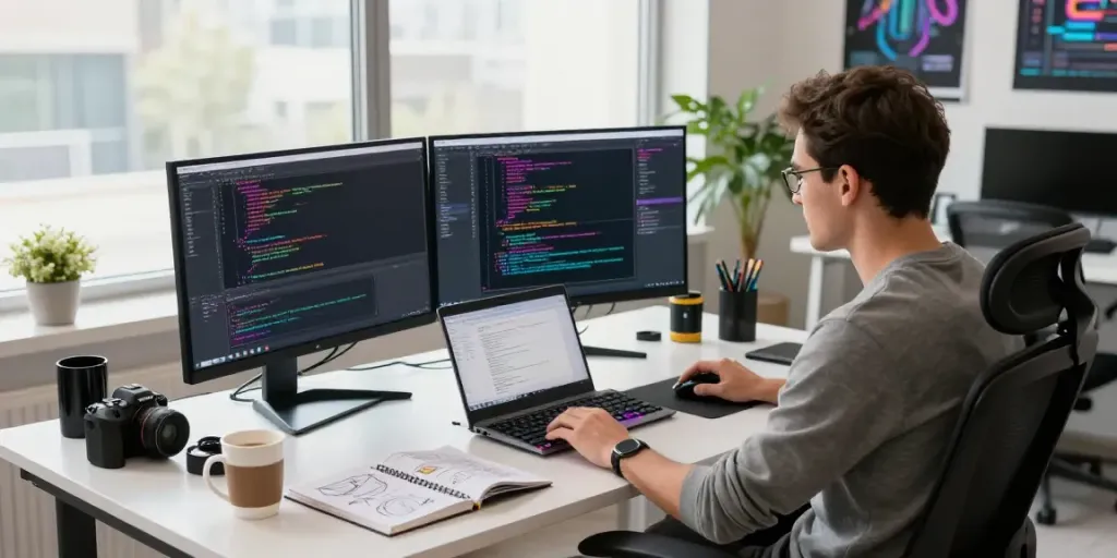 Developer coding at a modern workspace from h5.2113.net, showcasing dynamic tech environment and vibrant productivity.