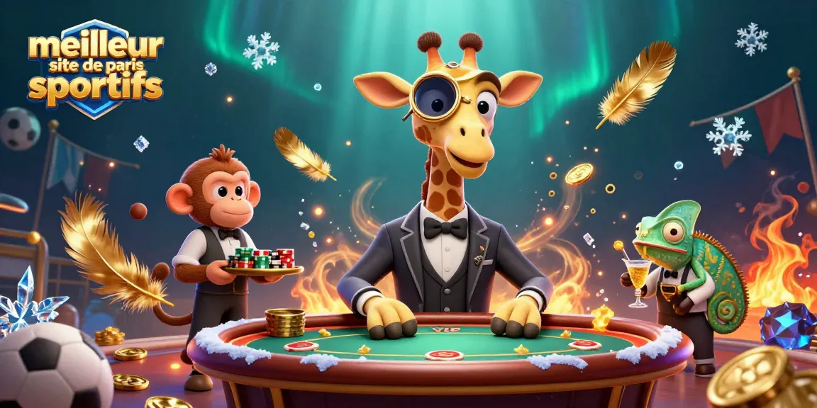 Découvrez le meilleur site de paris sportifs avec la girafe high-roller au poker autour de ballons de sport.