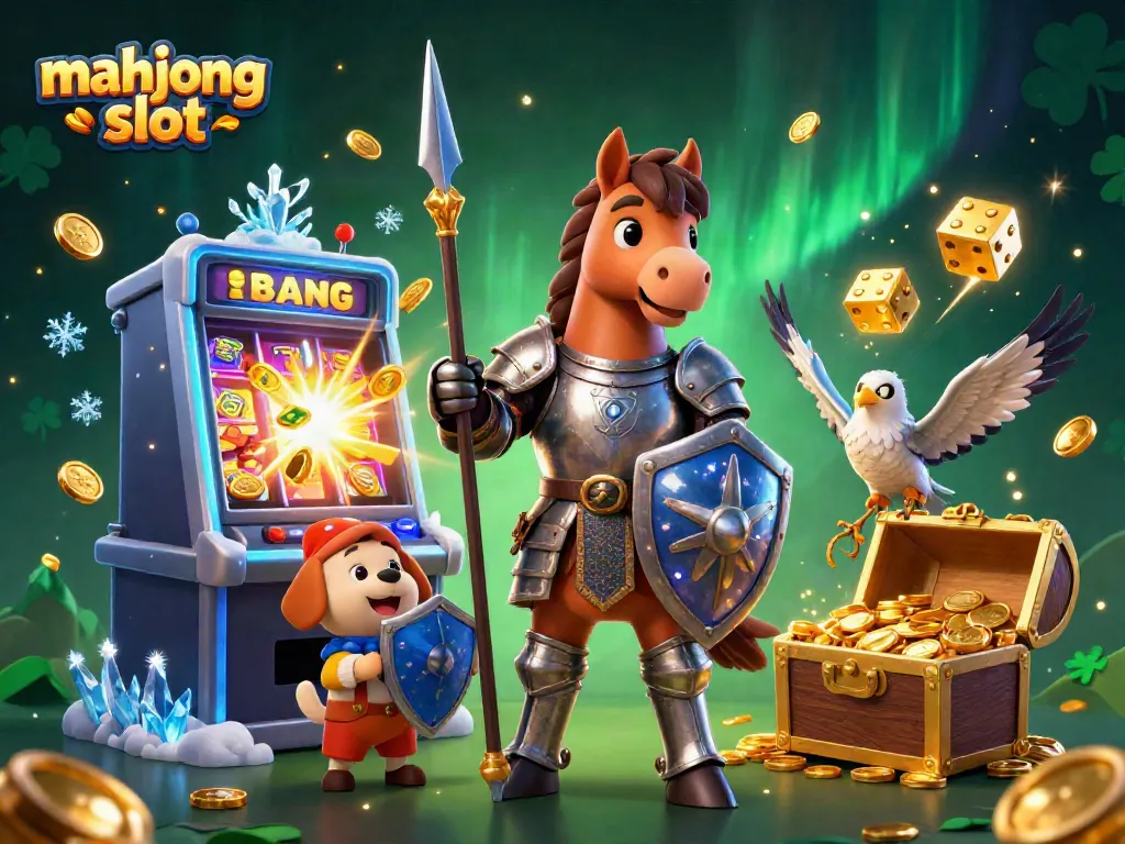 Engage with the mahjong slot action in this lively 3D casino illustration featuring knights, puppies, and golden treasures.