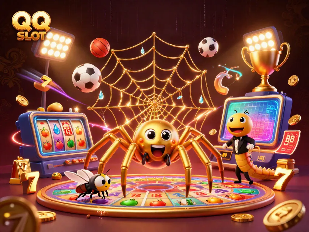 Experience thrilling QQ SLOT action with cartoon characters in a vibrant casino scene.
