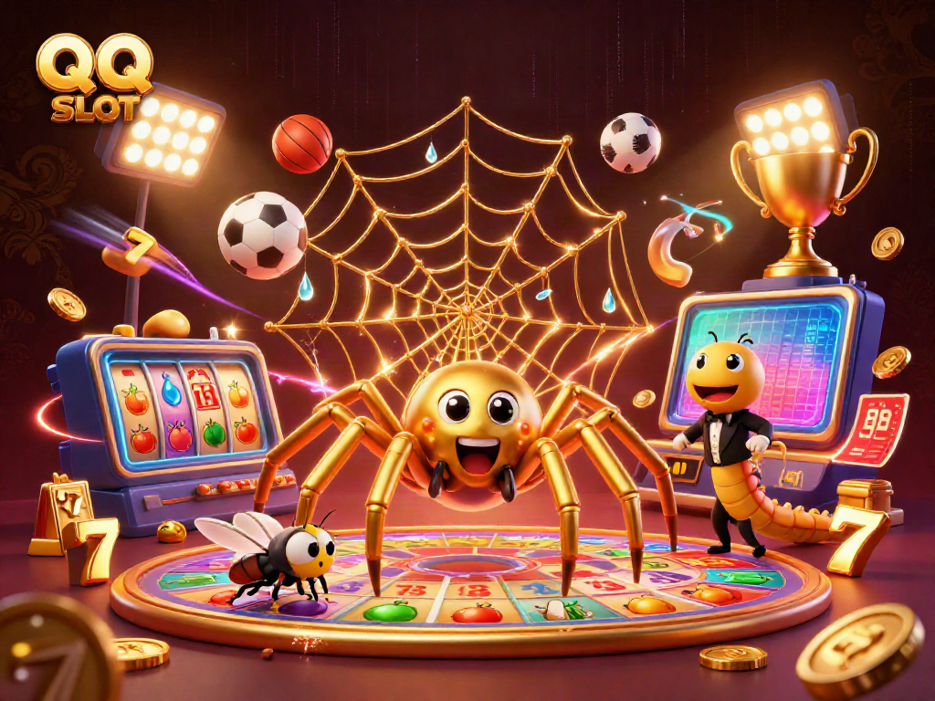 Experience thrilling QQ SLOT action with cartoon characters in a vibrant casino scene.