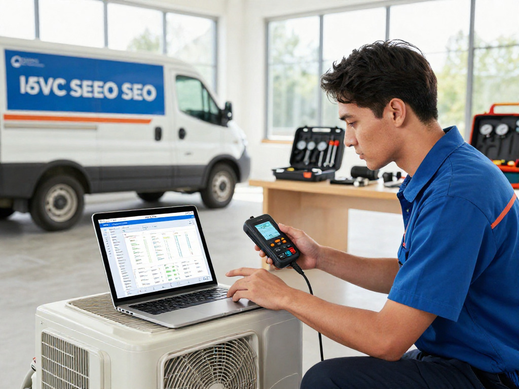 HVAC technician using digital tools in a modern workspace, showcasing services of an HVAC SEO company.