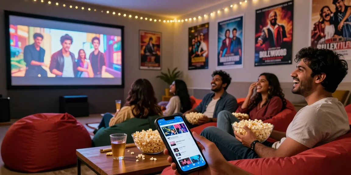 Friends enjoying a movie night at home featuring Bollywood films from https://bolly4uorg.in with popcorn and drinks.