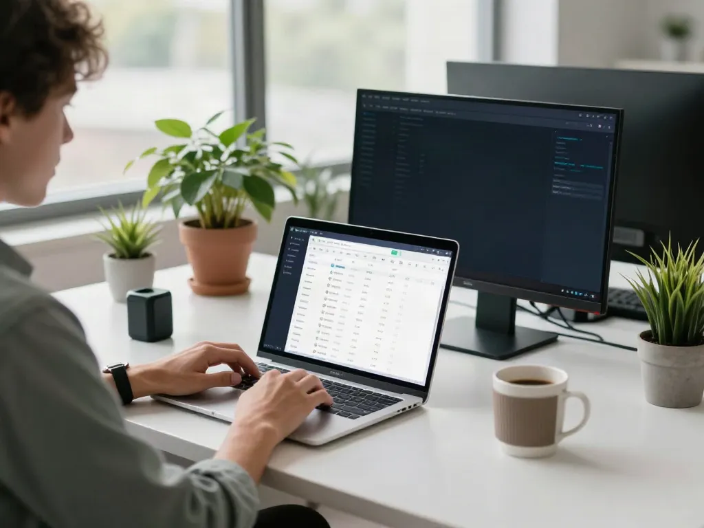 Using brave浏览器 in a modern tech workspace with dual screens and natural light.