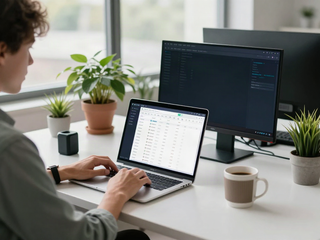 Using brave浏览器 in a modern tech workspace with dual screens and natural light.