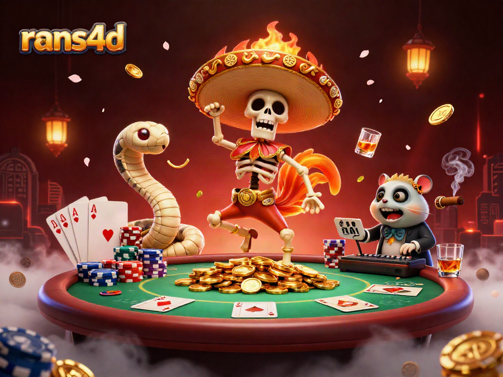 Melihat keseruan permainan togel di rans4d dengan karakter kartun dan elemen permainan mengelilinginya.