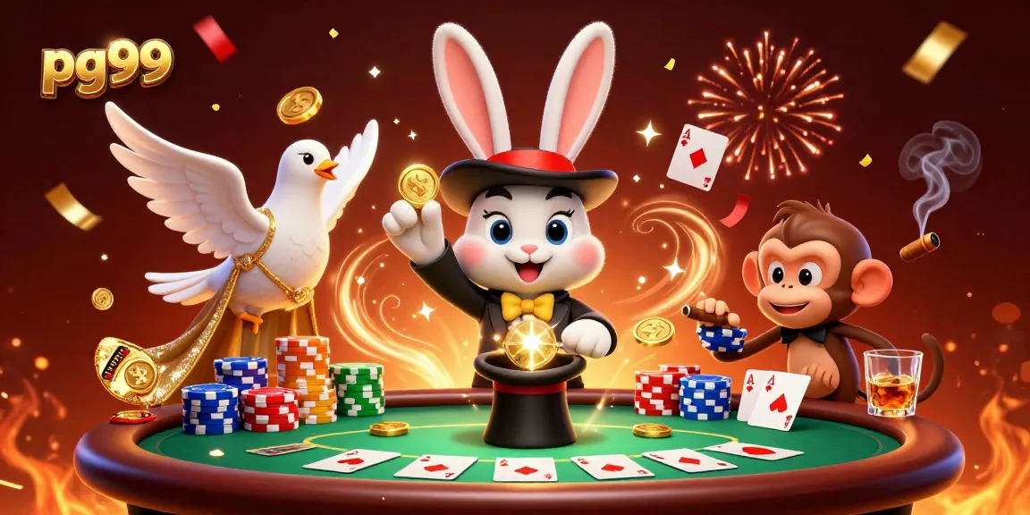 Experience thrilling gaming action at pg99 with a 3D illustration of a magician, dove, and monkey amid poker excitement.