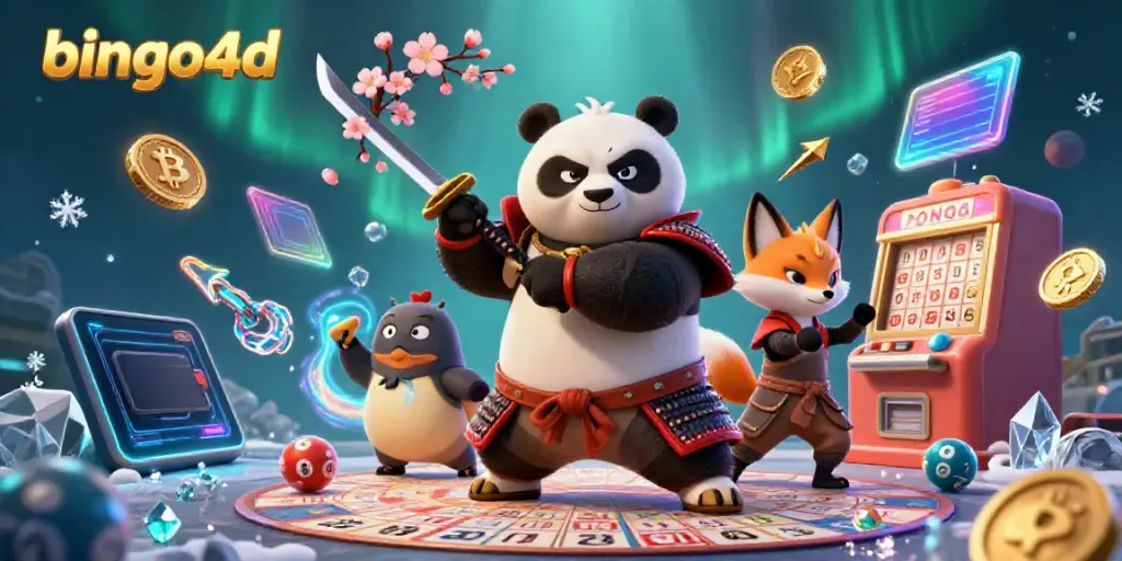 Bermain bingo4d dengan karakter panda samurai dan ninja rubah yang menarik bingo bola dan kartu, tema kasino