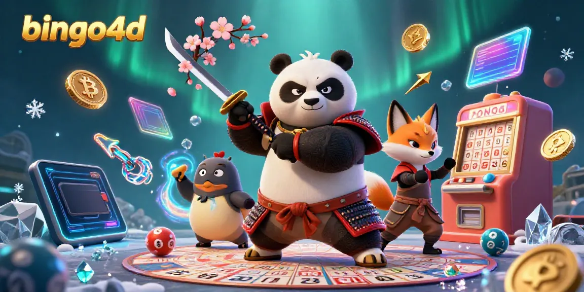 Bermain bingo4d dengan karakter panda samurai dan ninja rubah yang menarik bingo bola dan kartu, tema kasino
