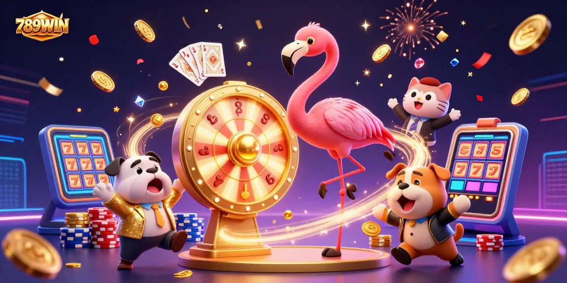 Engage with 789WIN's exciting gaming scene featuring a flamingo host and golden prizes.