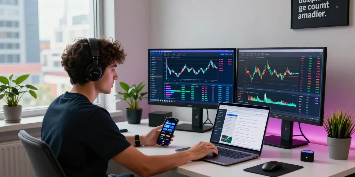 Engaged trader examining OKX reviews and market trends in a vibrant digital workspace.