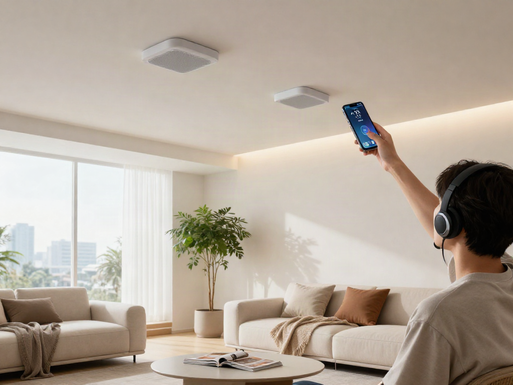 خرید اسپیکر سقفی in modern living room with stylish decor and ceiling speakers.