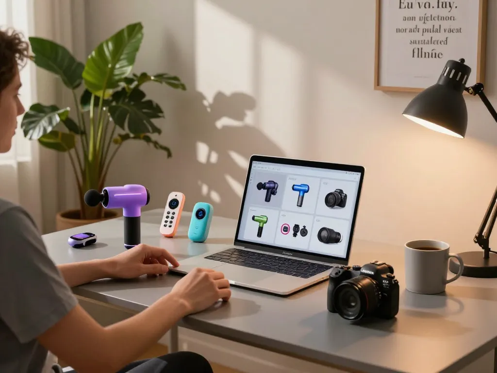 Exploring innovative tech gadgets in a cozy home office setting with stylish devices and warm lighting.