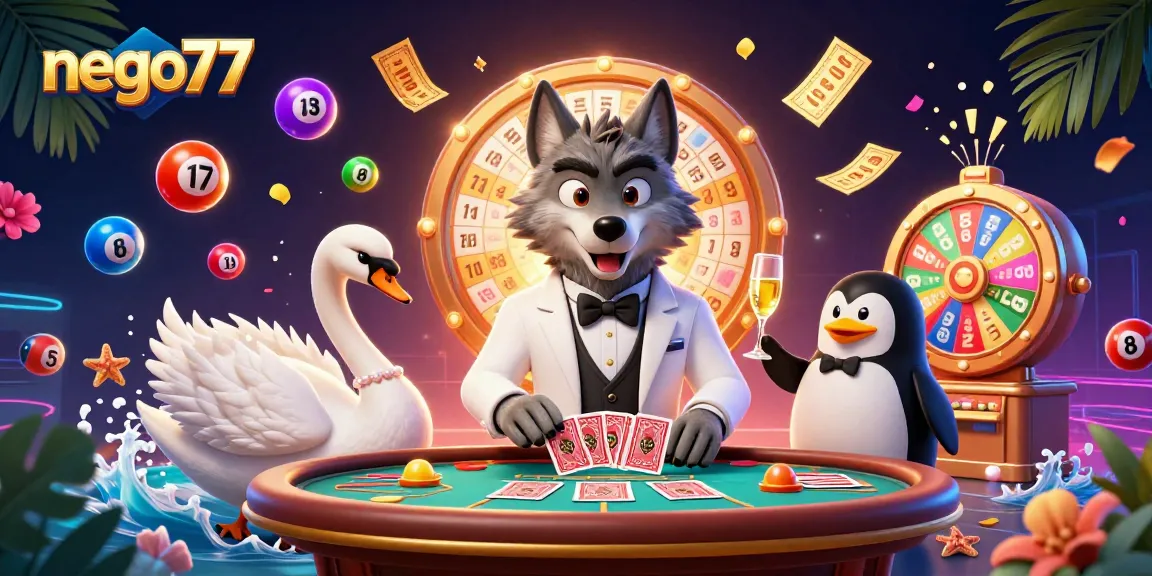 Experience the excitement of nego77 with a glamorous 3D casino scene showcasing unique characters around dynamic gambling elements.