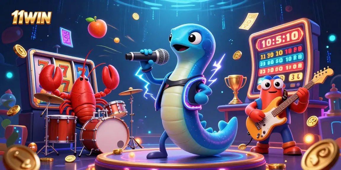 11WIN showcases an electric eel DJ performing in an underwater casino with dynamic slot elements.