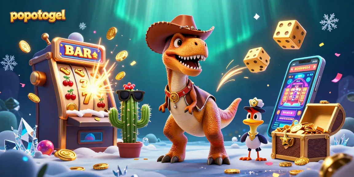 Experience popotogel excitement with a dynamic 3D scene featuring a dinosaur and slot machine bursting with coins.