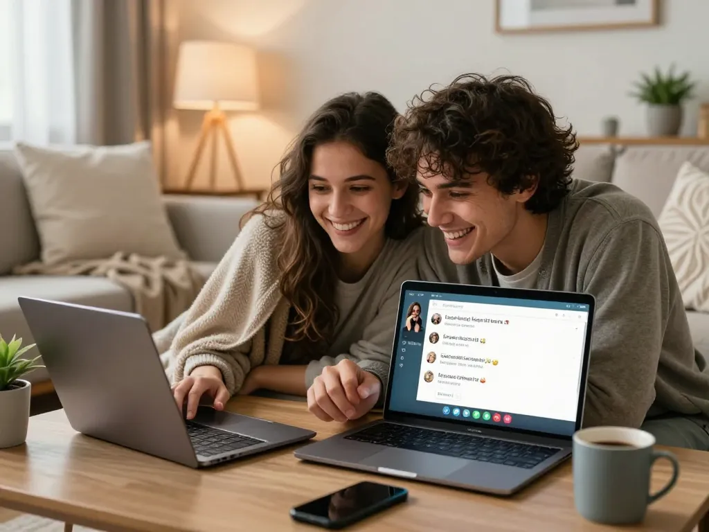Couple enjoying a video chat on a dating app, exploring sex ai technology for romantic connections in 2026