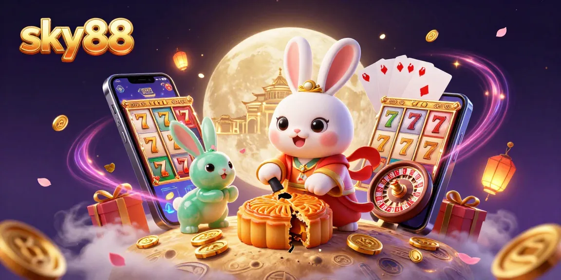 Experience the excitement of sky88 with a vibrant scene of a moon rabbit and casino game elements.