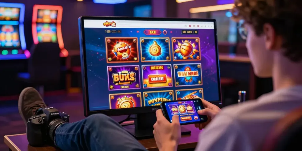 Online gambling experience with mpo88asia user engaging in interactive slot games surrounded by colorful gaming icons.