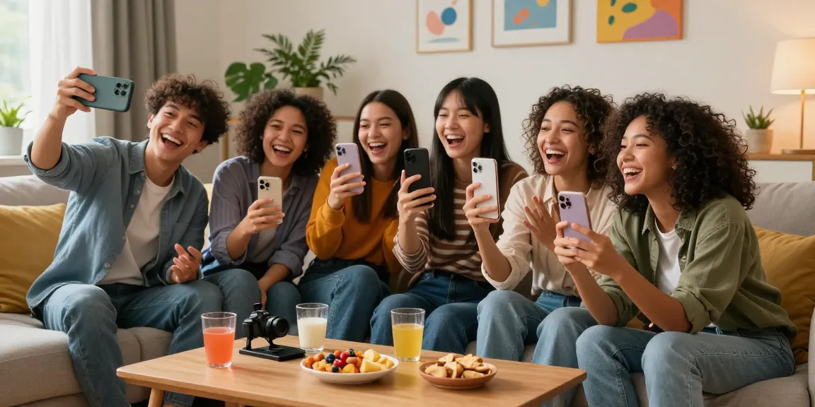 Friends using app to see how old do I look while taking selfies in a cozy living room.