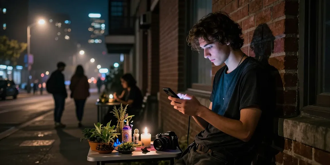 DMT lifestyle exploration in the UK: How Do I Buy The Strongest DMT Powder In UK Discreetly? Urban scene with a young adult browsing their phone amidst psychedelic culture.