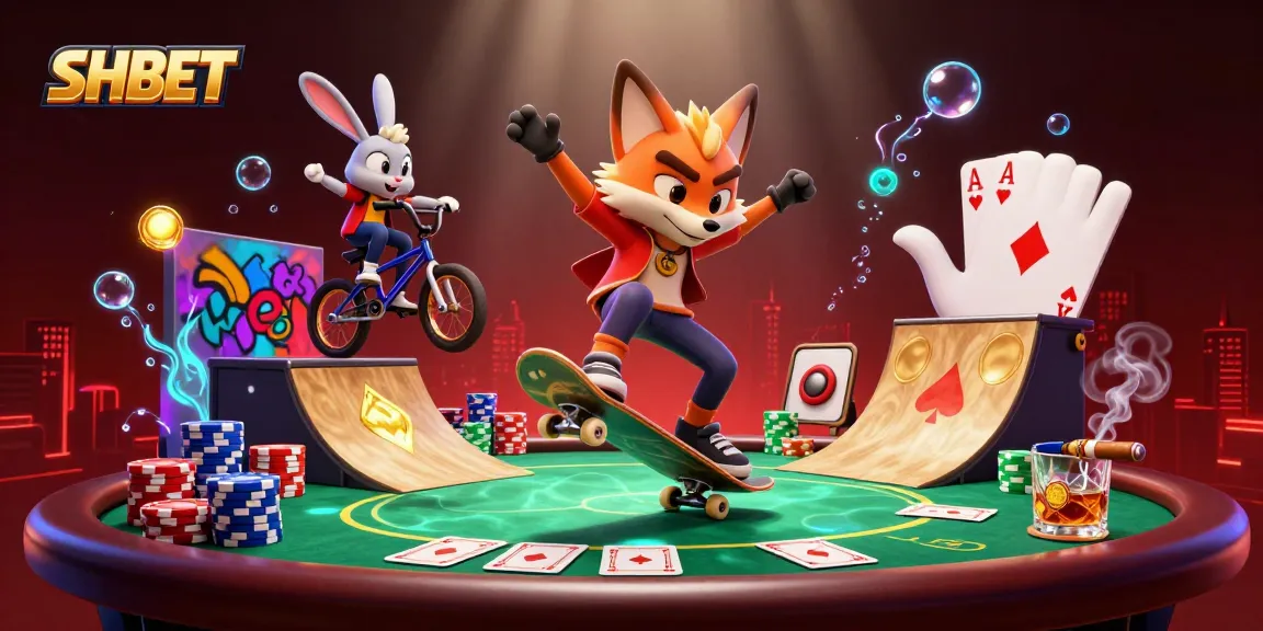 SHBET elevates casino gaming with a vibrant 3D scene showcasing a skateboarder fox and BMX rabbit, amidst poker chips and casino symbols.