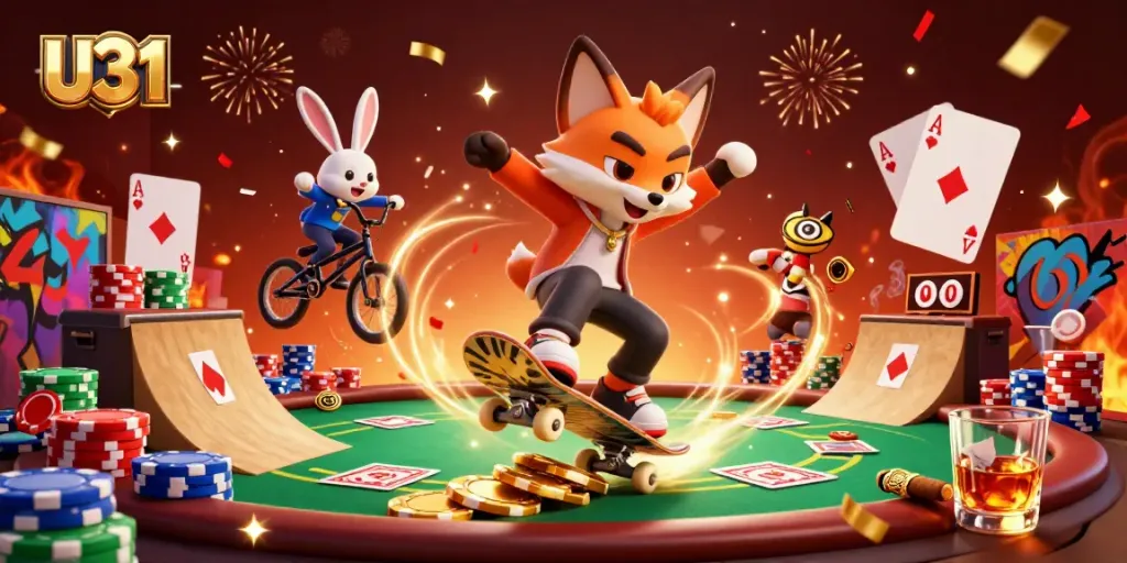 Experience vibrant U31 casino excitement with a dynamic fox and rabbit in action.