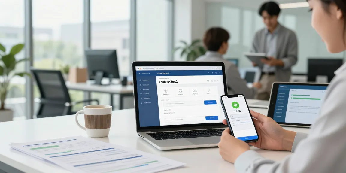 Verify real and fake documents effortlessly with เช็คสลิปปลอม technology in a modern office.