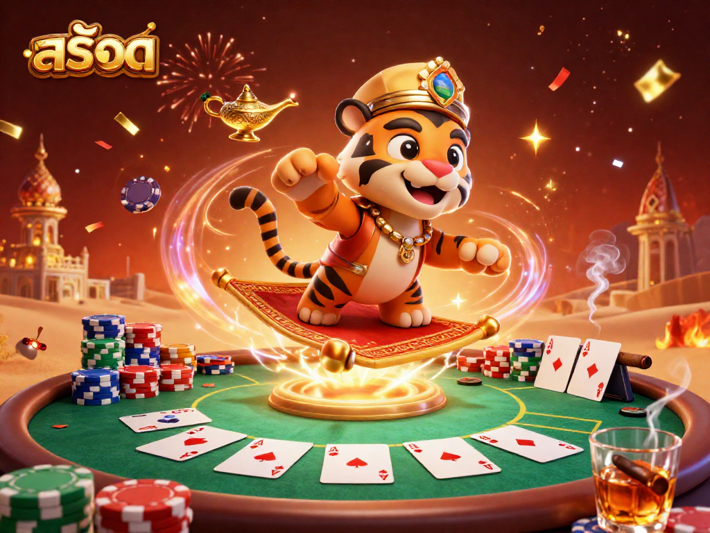 Play exciting สล็อต games showcased in a vibrant 3D illustration of a tiger sultan on a magic carpet.