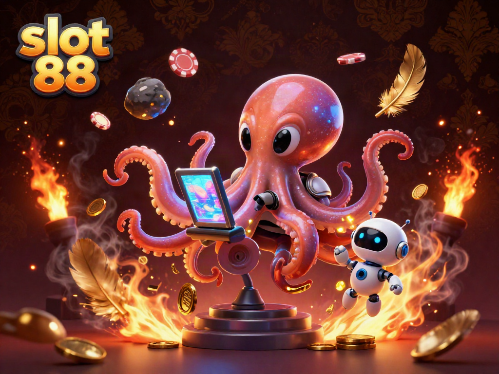 Experience winning big at slot 88 with this vibrant cosmic casino scene featuring an octopus and robot.