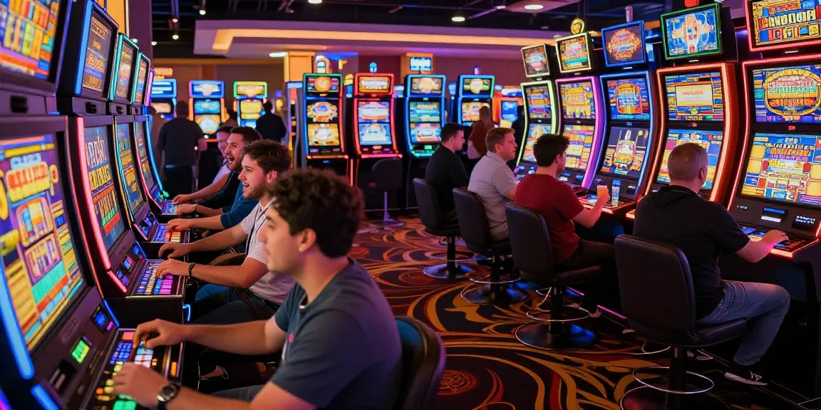 Players enjoying slot machines in a lively casino atmosphere, engaging in vibrant gaming.