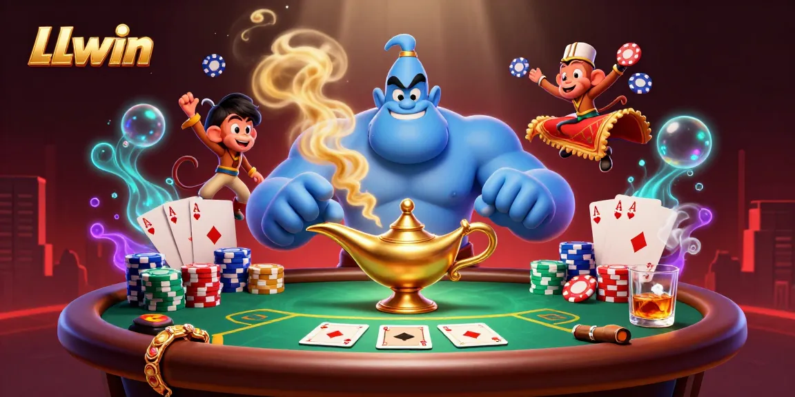Experience the thrill ofLLwin in this colorful casino scene featuring a genie and poker action.